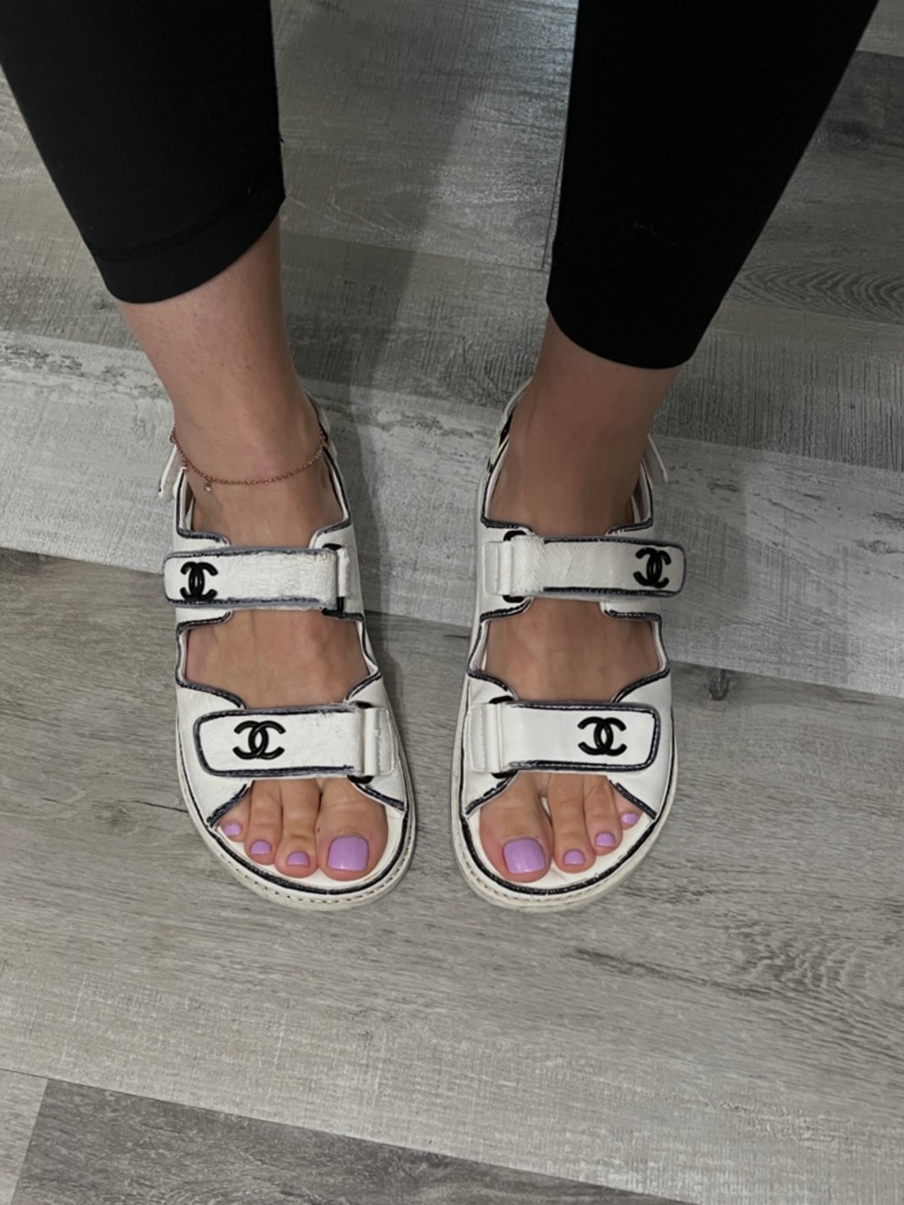 CHANEL DAD Leather Logo Velcro Strap Sandals
